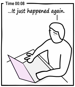 A research participant sits at a laptop. After 8 minutes: "…It just happened again."