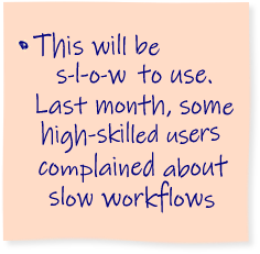 An example of a "May Not Succeed" comment on a Post-it® note. The note says: "This will be slow to use. Last month, some high-skilled users complained about slow workflows"